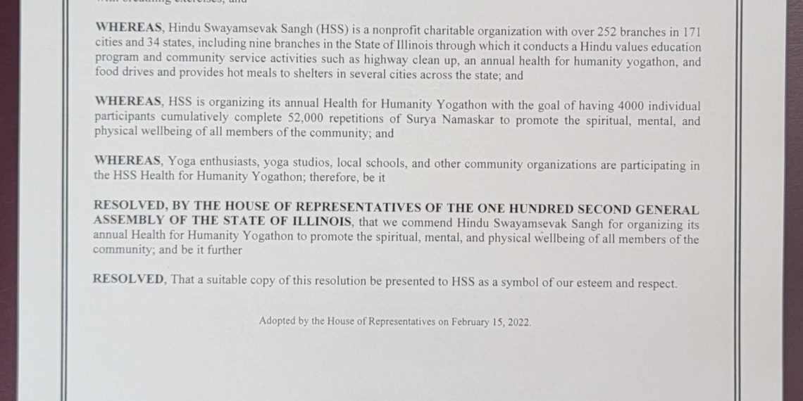 Illinois House of Representatives recognized HSS’ annual Health for Humanity Yogathon